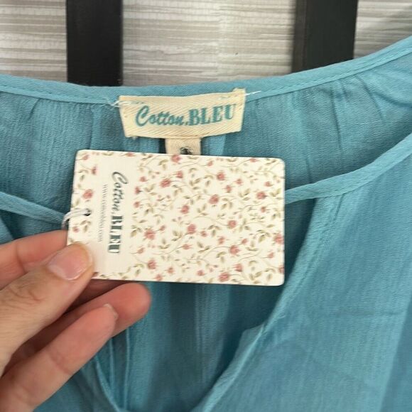 NWT Cotton Bleu slate blue peasant style blouse with lace shoulder detail size S - Picture 3 of 5